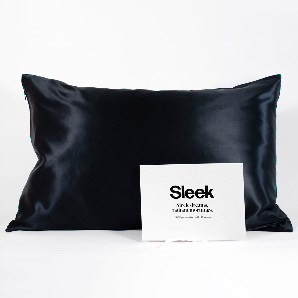 Black 100% pure mulberry silk pillowcase, 22 Momme, soft and smooth, standard size 50x75cm, zipper closure, gift boxed with a thoughtful message.