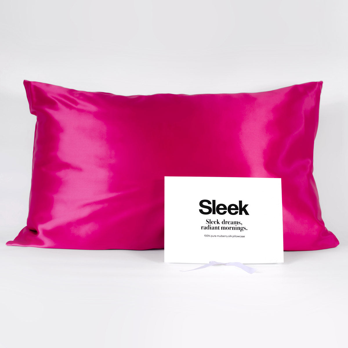 Bright pink 100% pure mulberry silk pillowcase, 22 Momme, soft and smooth, standard size 50x75cm, zipper closure, gift boxed with a thoughtful message.