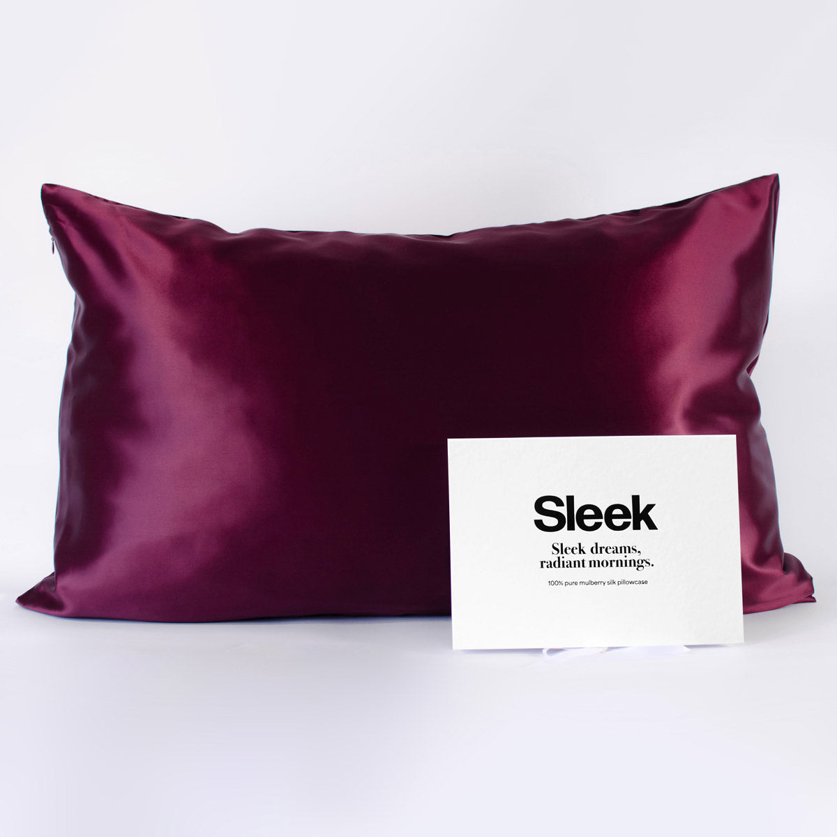 Burgundy 100% pure mulberry silk pillowcase, highest quality 22 Momme, soft and smooth, standard size 50x75cm, zipper closure, gift boxed with a thoughtful message.