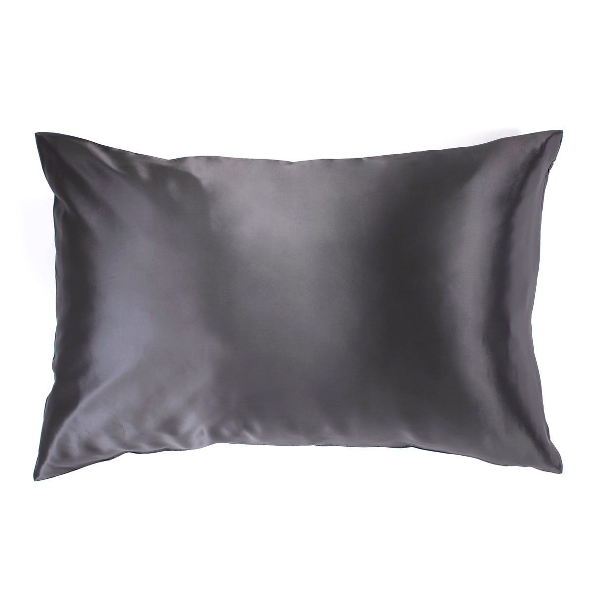 Dark grey 100% pure mulberry silk pillowcase, 22 Momme, soft and smooth, standard size 50x75cm, zipper closure.