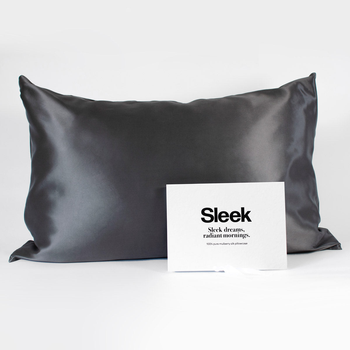 Dark grey 100% pure mulberry silk pillowcase, 22 Momme, soft and smooth, standard size 50x75cm, zipper closure, gift boxed with a thoughtful message.