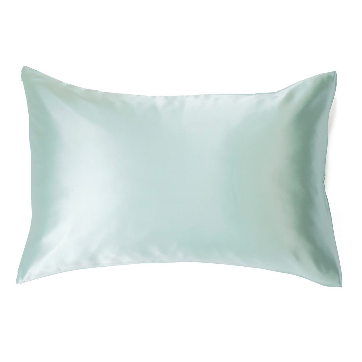 Mint green 100% pure mulberry silk pillowcase, highest quality 22 Momme, soft and smooth, standard size 50x75cm, zipper closure.