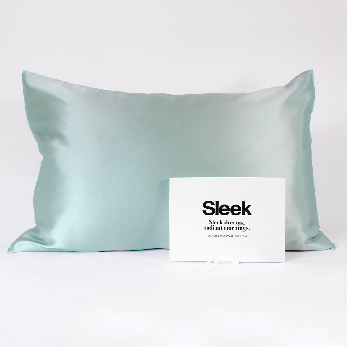 Mint green 100% pure mulberry silk pillowcase, highest quality 22 Momme, soft and smooth, standard size 50x75cm, zipper closure, gift boxed with a thoughtful message.