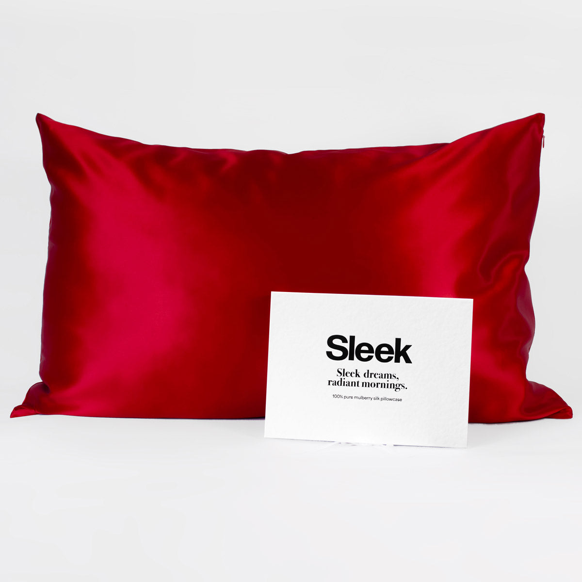 Red 100% pure mulberry silk pillowcase, 22 Momme, soft and smooth, standard size 50x75cm, zipper closure, gift boxed with a thoughtful message.