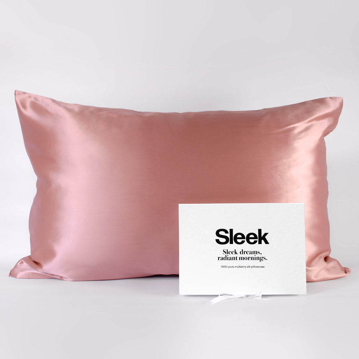 Rose gold 100% pure mulberry silk pillowcase, 22 Momme, soft and smooth, standard size 50x75cm, zipper closure, gift boxed with a thoughtful message.