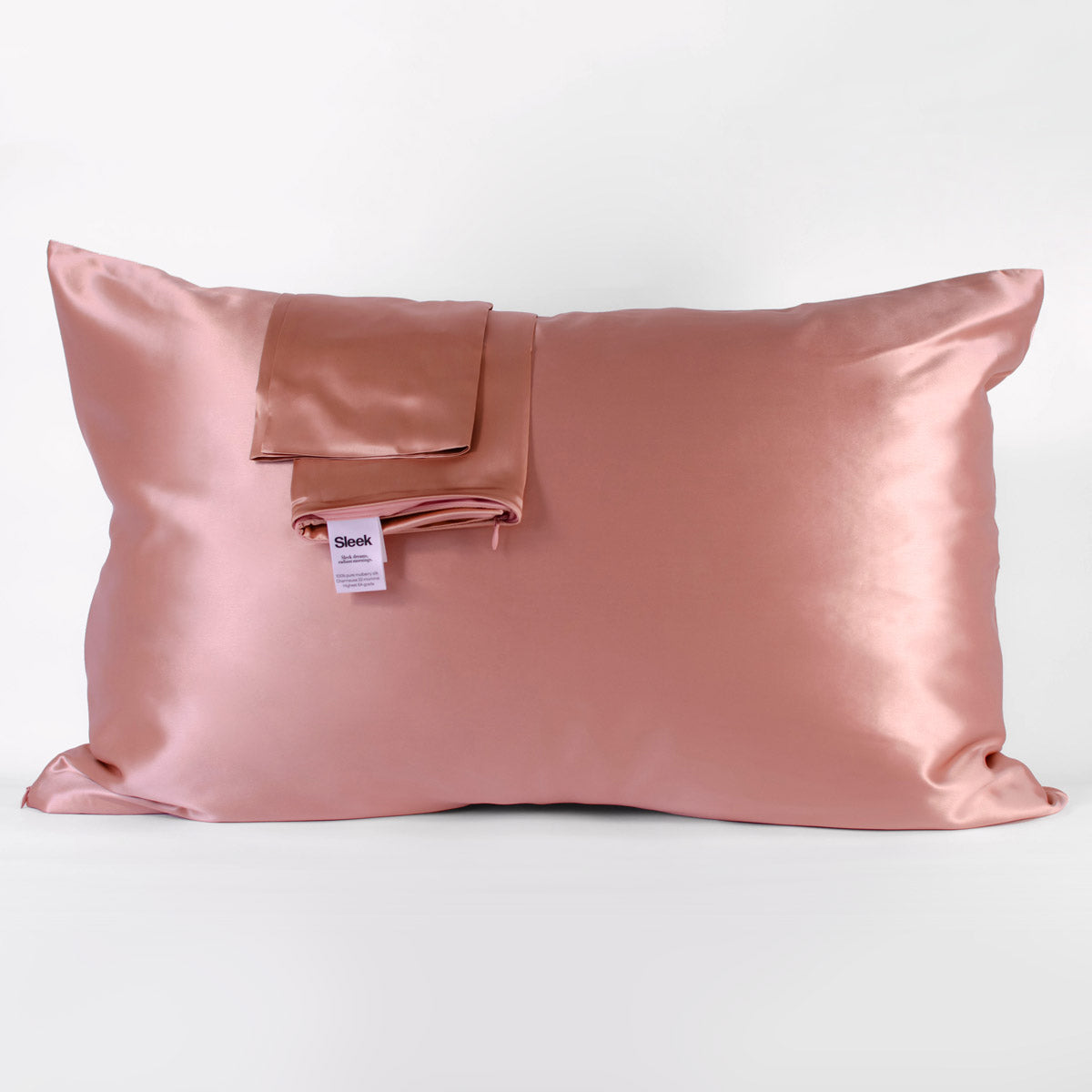 Rose gold 100% pure mulberry silk pillowcase, 22 Momme, soft and smooth, standard size 50x75cm, zipper closure.