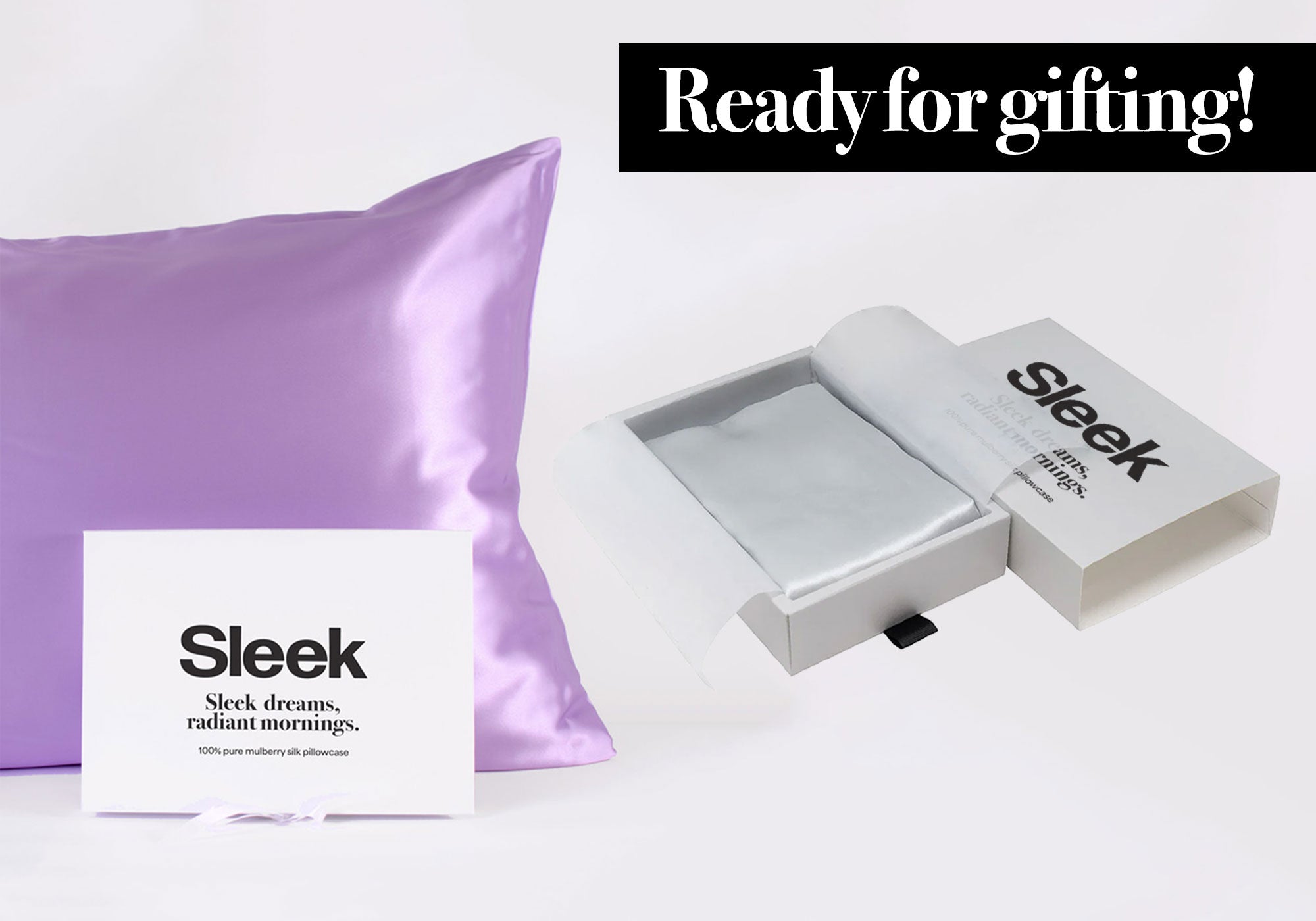 Silk pillowcase and gift box featuring a lovely brand message, showcasing the product inside the open box alongside the closed box.