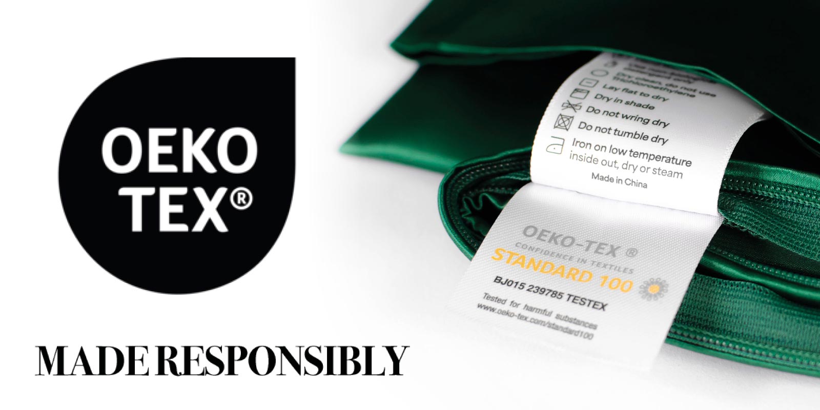 Silk pillowcase with Oeko-Tex label, demonstrating that our silk pillowcases are made responsibly and without harmful chemicals.