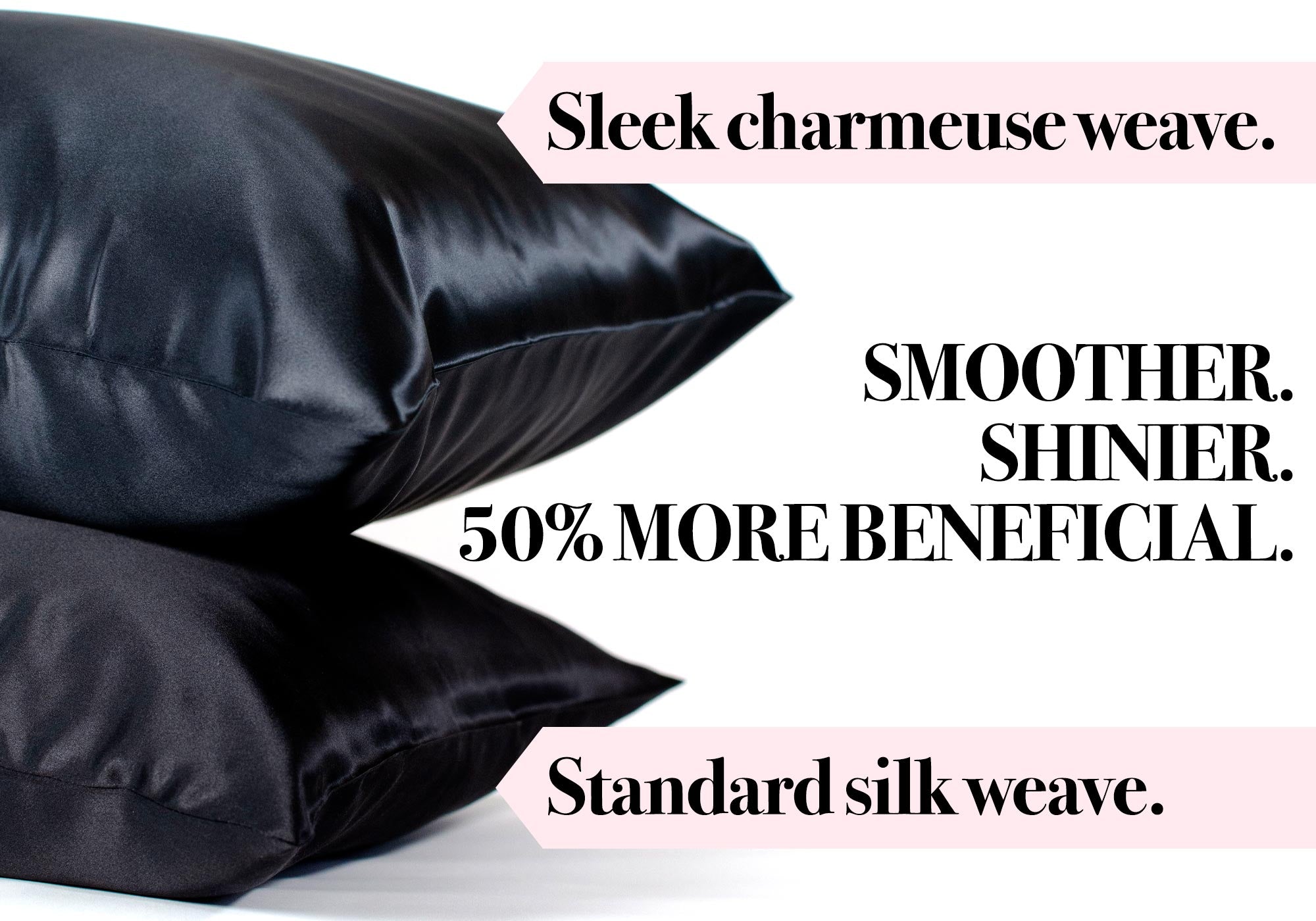 Two black silk pillowcases stacked, showcasing quality differences. Sleek silk pillowcase is smoother and shinier.