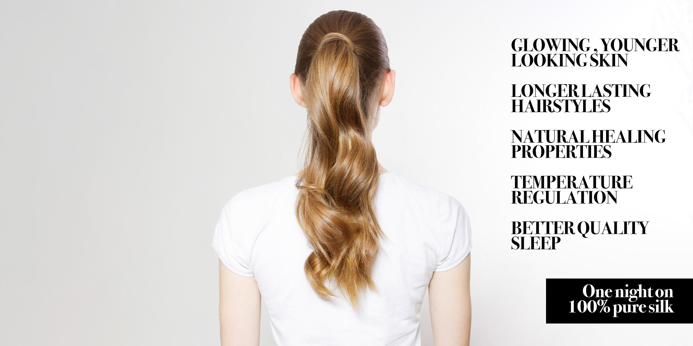 Girl with wavy hair demonstrating the benefits of sleeping on a silk pillowcase. Her hair is shiny and smooth.