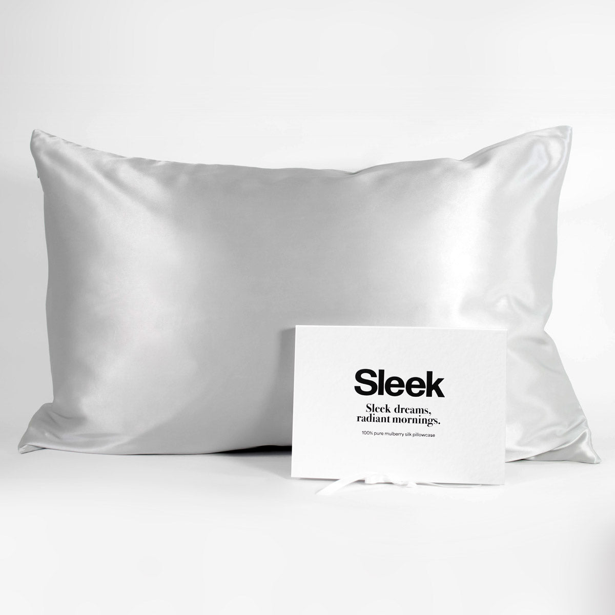 Silver/light grey 100% pure mulberry silk pillowcase, 22 Momme, soft and smooth, standard size 50x75cm, zipper closure, gift boxed with a thoughtful message.